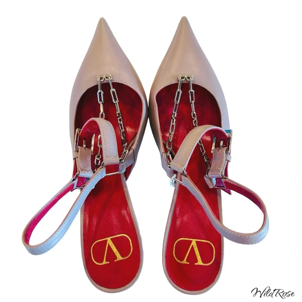 VALENTINO GARAVANI Nude Valentino V Logo Silver Chain Detail Slingback Pumps 36 - Picture 6 of 17